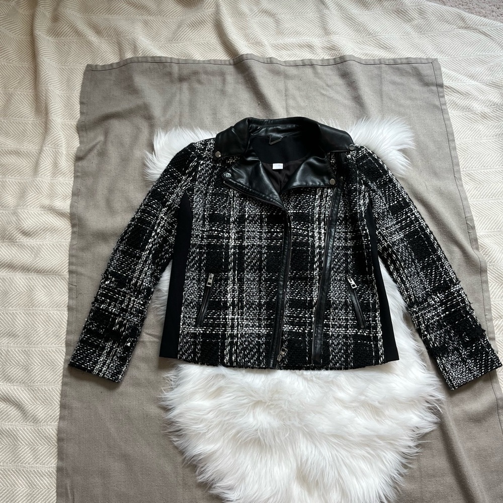 Chico’s Faux Leather Collar Asymmetrical Zip Jacket Black White US 4/6